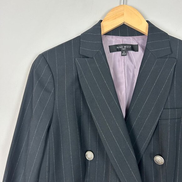 Nine West Black Pinstripe Double Breasted Blazer Jacket Crest Button Size 8 Wome - Picture 2 of 5